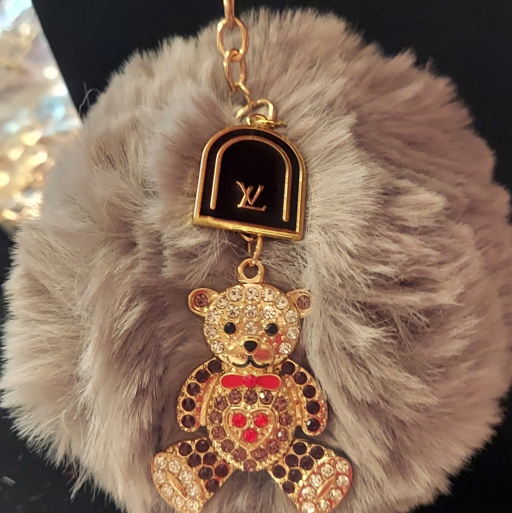 Upcycled LV Gray Pom Pom Fur Rhinestone Keychain Bag Charm Teddy Bear